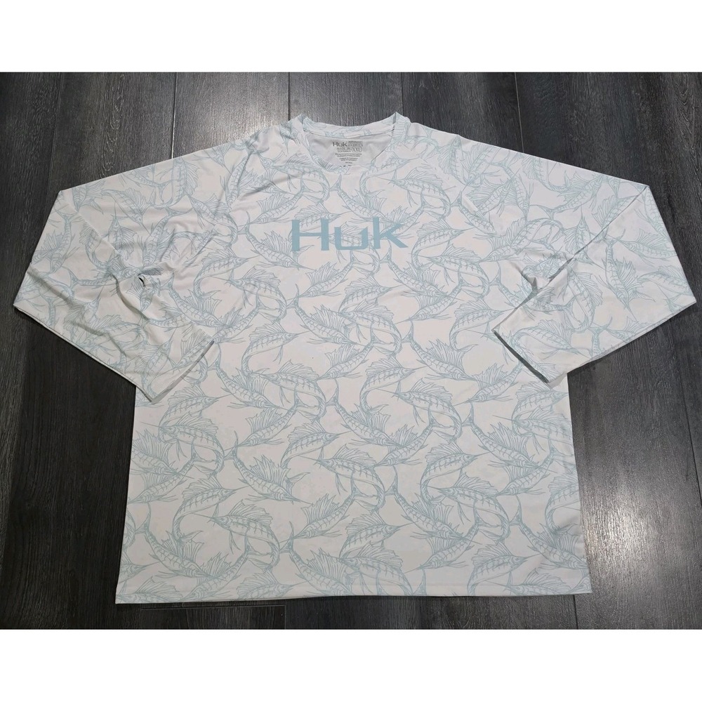 Huk Performance Fishing Shirt Men 2XL White Blue Marlin AOP Print Stretch LS